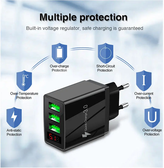 3 port LED Display Wall Charger  and 3 in 1 Cable Bundle Gold - Shakefav.com