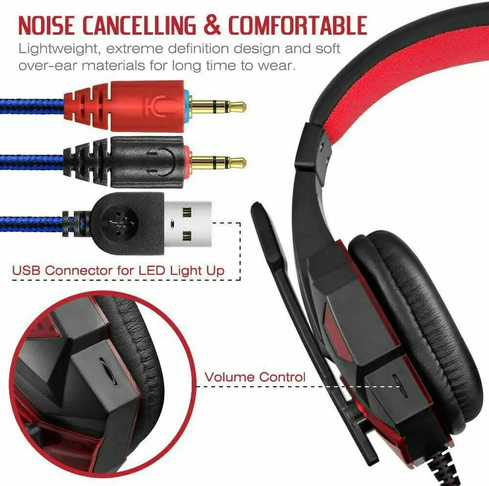 3.5mm Gaming Headset Mic LED Headphones Stereo Bass Surround For PC Puce Gaia