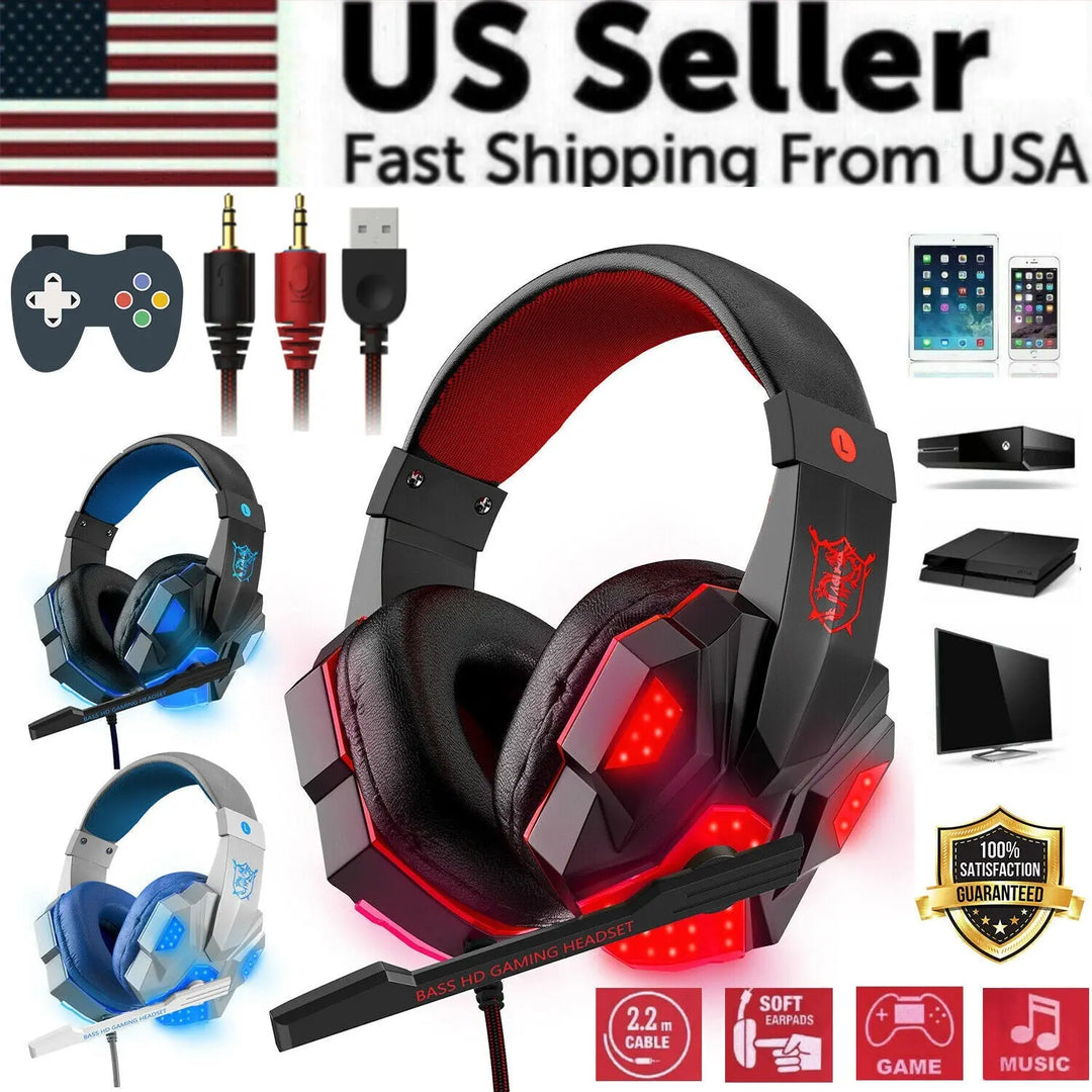 3.5mm Gaming Headset Mic LED Headphones Stereo Bass Surround For PC Puce Gaia