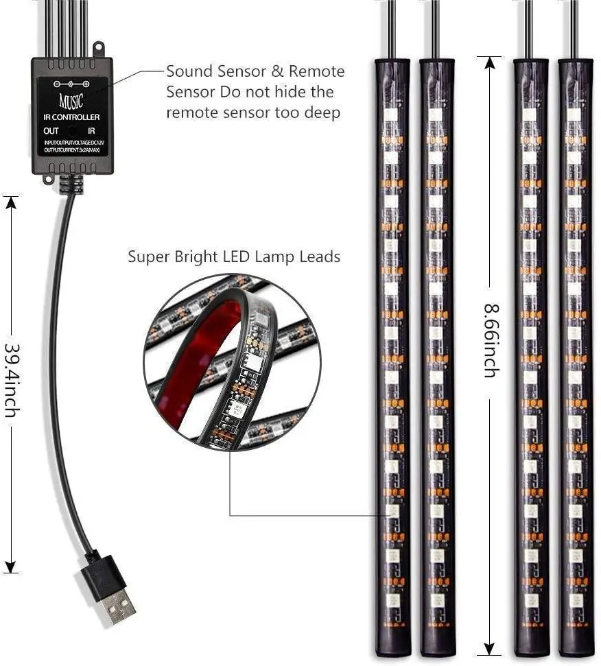 RGB Car LED Light Strips, Sound Activated with Remote Control, 48 - Shakefav.com