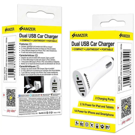 AMZER 2.1A/ 1A Dual USB 2 Port Handy Car Charger (White) - pack of 4 - Shakefav.com