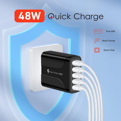 Chargeur mural LED PBG 5 ports avec câbles de charge 4-XL 10 pieds pour Iphone