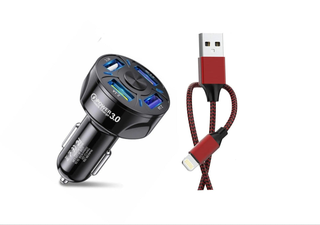 Black 4 Port LED Fast Car Charger and  6FT Charger Compatible for - Shakefav.com