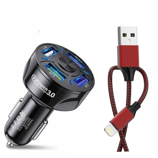 Black 4 Port LED Fast Car Charger and  6FT Charger Compatible for - Shakefav.com