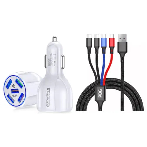 PBG 5 Port LED Car Charger and 4 in 1 Nylon 4 FT Charging Cable Bundle - Shakefav.com