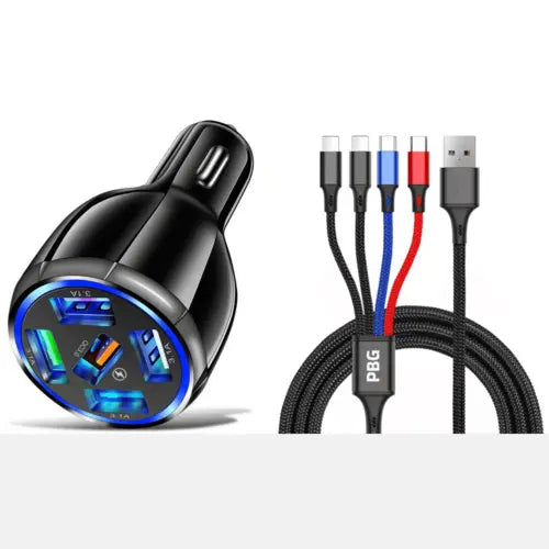 PBG 5 Port LED Car Charger and 4 in 1 Nylon 4 FT Charging Cable Bundle - Shakefav.com