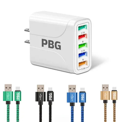 PBG 5 Port LED Wall Charger with 4-XL 10FT Charging Cables for Iphone - Shakefav.com