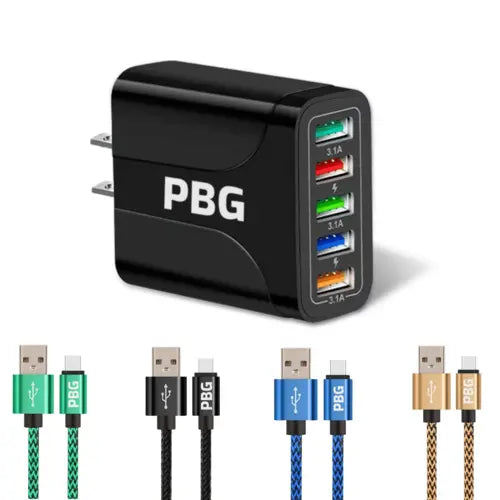 PBG 5 Port LED Wall Charger with 4-XL 10FT Charging Cables for Iphone - Shakefav.com