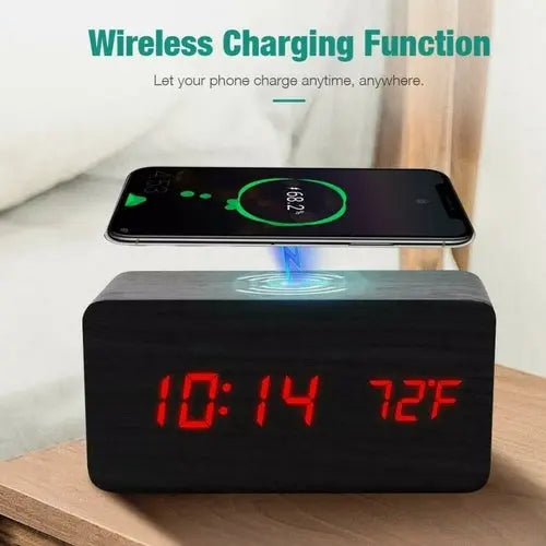 Wooden Digital Alarm Clock with Wireless Phone Charging Pad - Shakefav.com