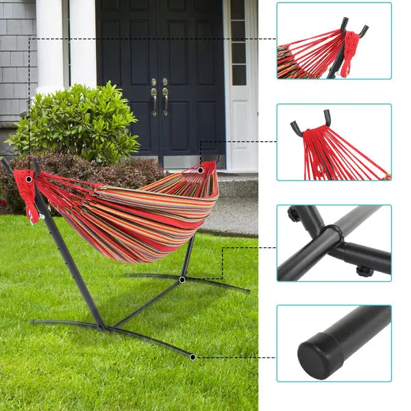 Black Steel Pipe Hammock Frame with Polyester Cotton Hammock Set - Shakefav.com