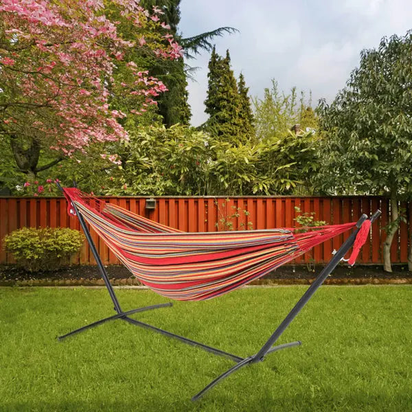 Black Steel Pipe Hammock Frame with Polyester Cotton Hammock Set - Shakefav.com