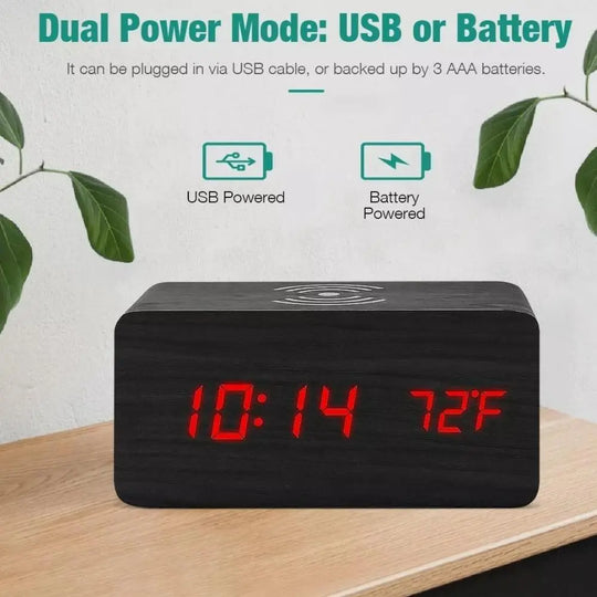 Wooden Digital Alarm Clock with Wireless Phone Charging Pad - Shakefav.com