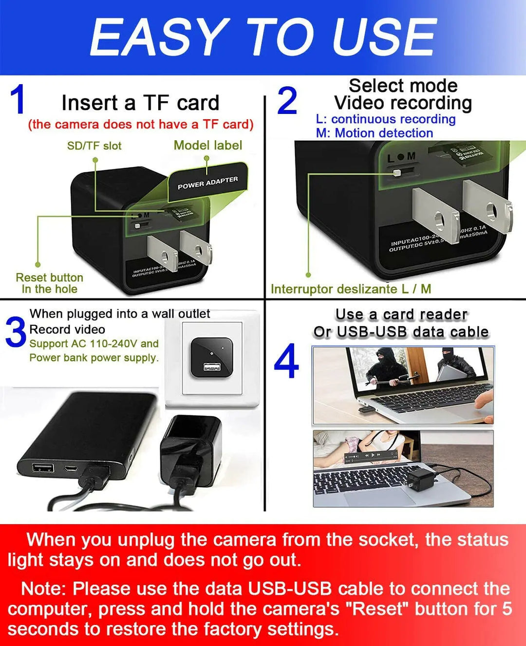 Hidden Camera HD 1080P USB Charger Home Security - Shakefav.com