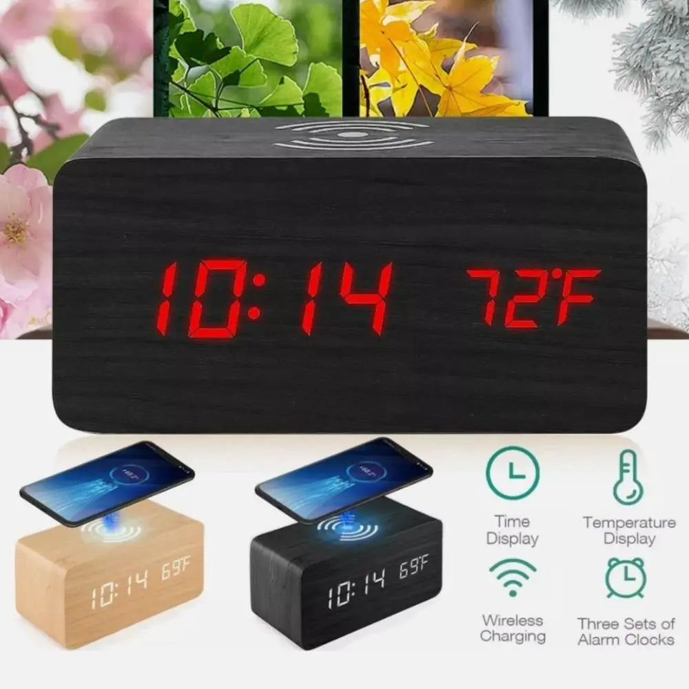 Wooden Digital Alarm Clock with Wireless Phone Charging Pad - Shakefav.com