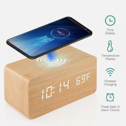 Réveil numérique en bois avec chargeur de téléphone sans fil