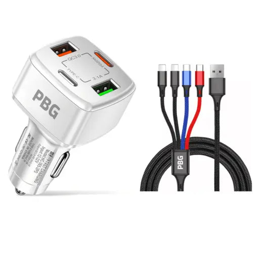 PBG 4 Port  PD/USB Car Charger and 4 in 1 Nylon Cable Bundle - Shakefav.com