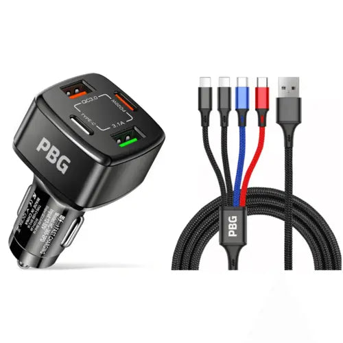 PBG 4 Port  PD/USB Car Charger and 4 in 1 Nylon Cable Bundle - Shakefav.com