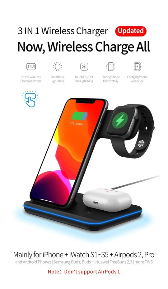 Ninja 15W 3 in 1 Fast Wireless Charging Station for Mobile Phones - Shakefav.com