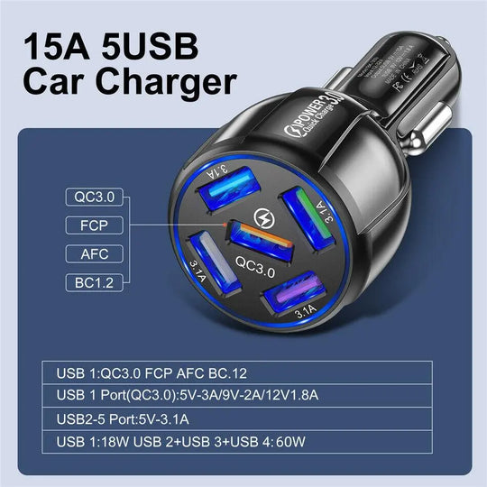 PBG 5 Port LED Car Charger and 4 in 1 Nylon 4 FT Charging Cable Bundle - Shakefav.com