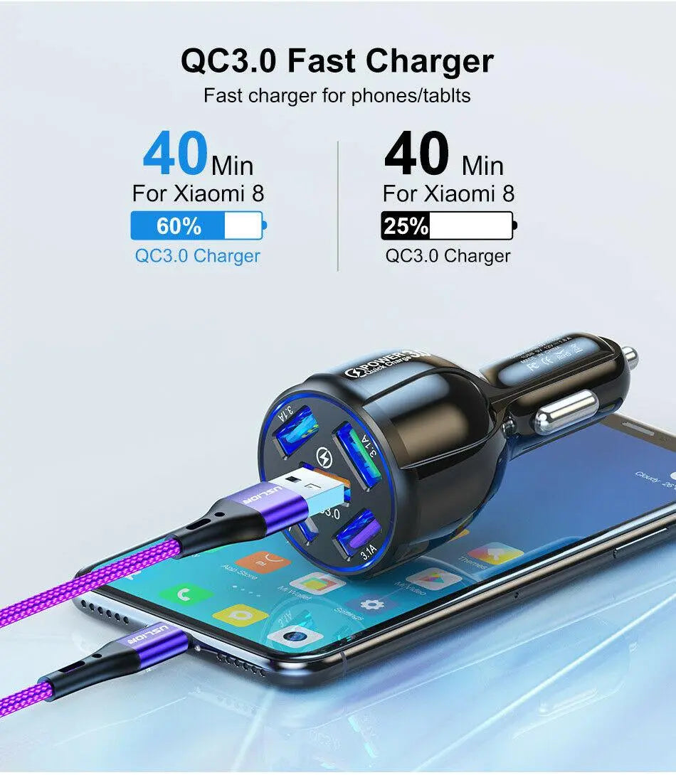 Black 4 Port LED Fast Car Charger and  6FT Charger Compatible for - Shakefav.com