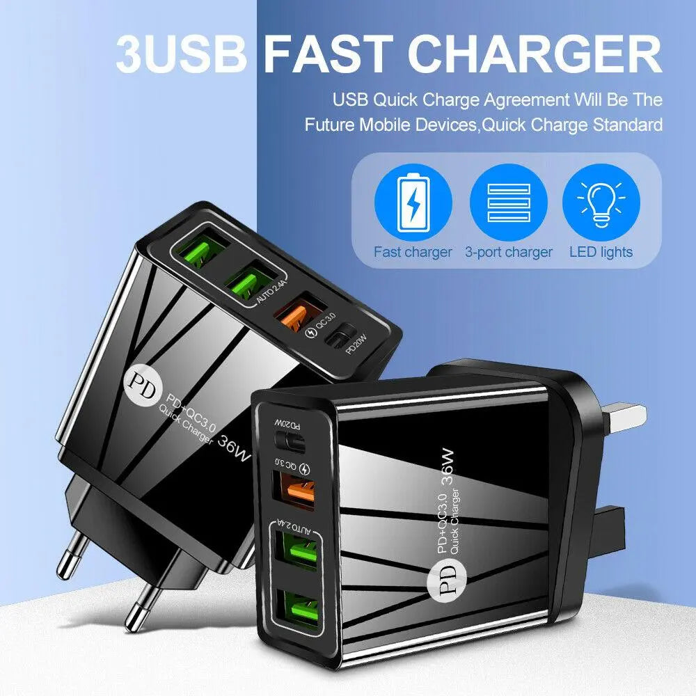 4-Port 36W Wall Safe and Fast Charger Adapter QC3.0 USB Type-C PD 20W - Shakefav.com