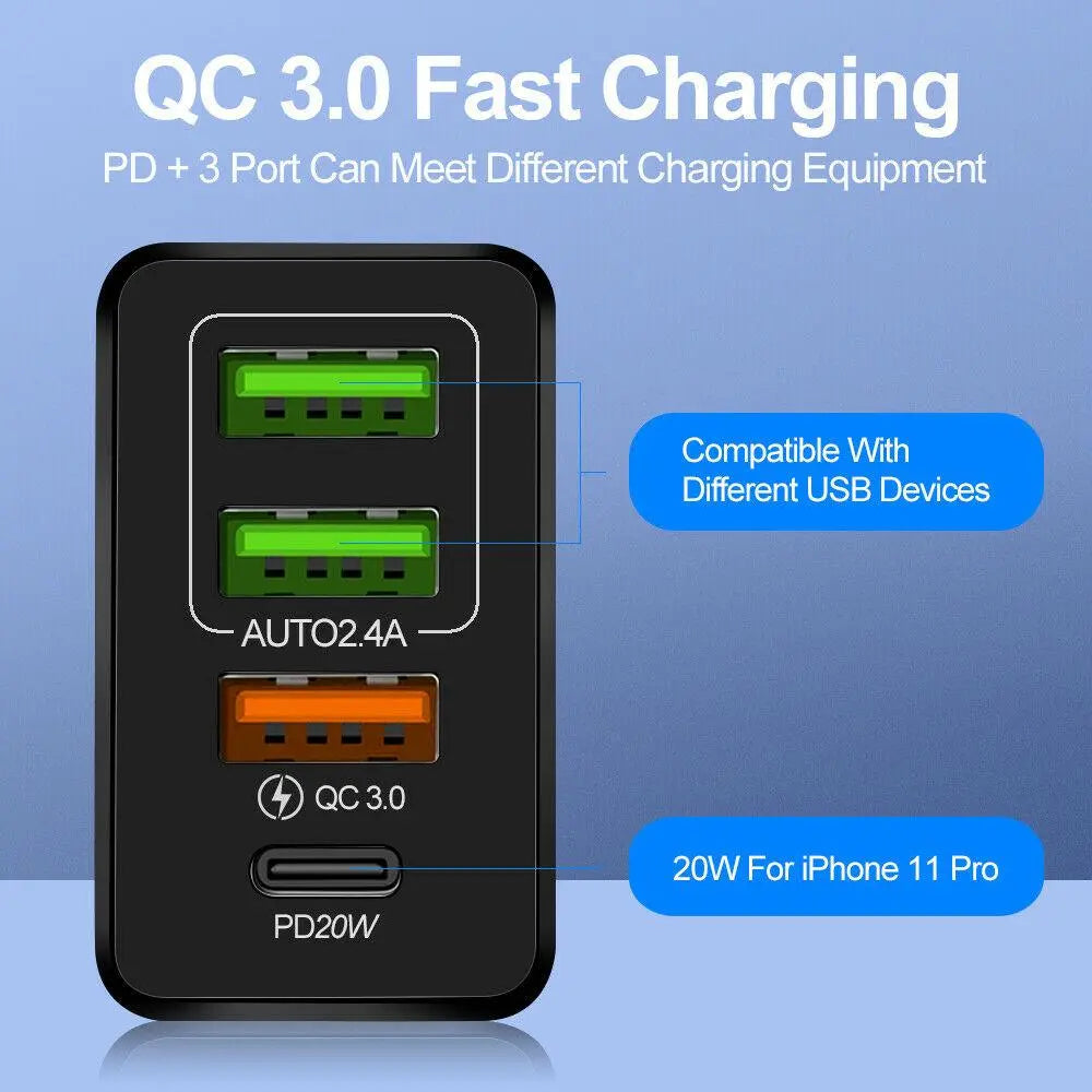 4-Port 36W Wall Safe and Fast Charger Adapter QC3.0 USB Type-C PD 20W - Shakefav.com