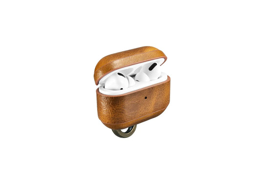 Custom AirPods Pro Waxed Cowhide Brown Leather Case Keychain Metal - Shakefav.com