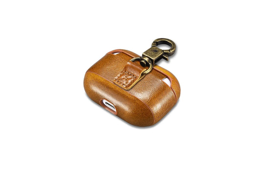 Custom AirPods Pro Waxed Cowhide Brown Leather Case Keychain Metal - Shakefav.com