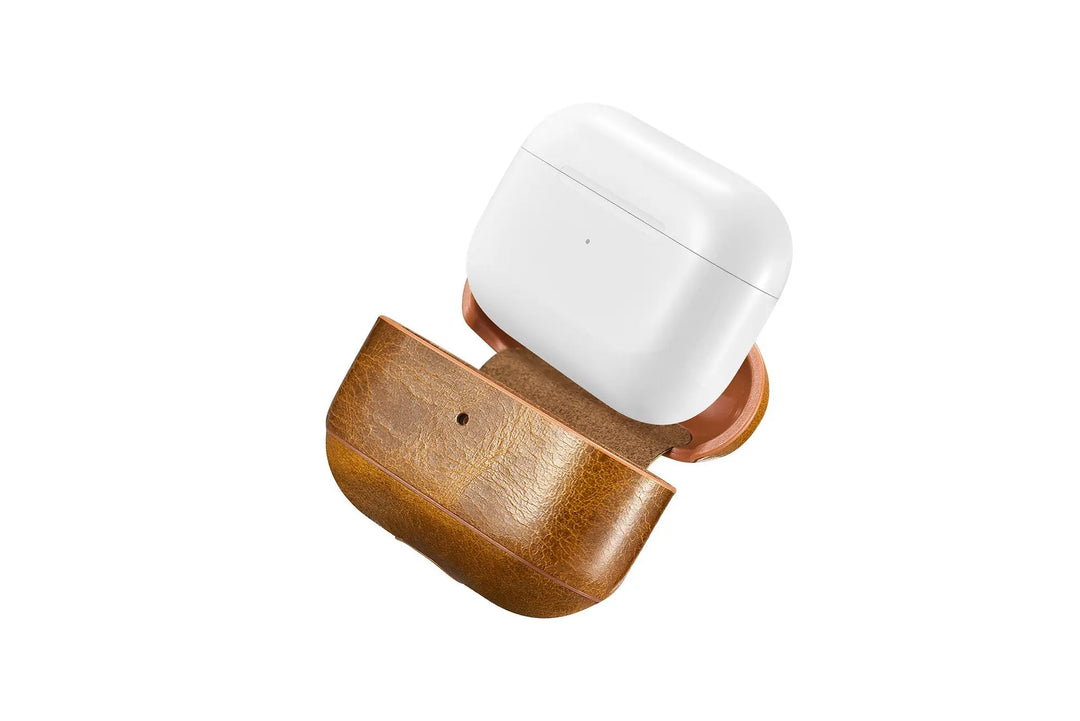 Custom AirPods Pro Waxed Cowhide Brown Leather Case Keychain Metal - Shakefav.com