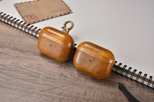 Custom AirPods Pro Waxed Cowhide Brown Leather Case Keychain Metal - Shakefav.com