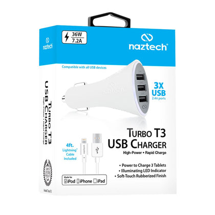 Naztech Turbo 7.2A MFi Certifié Apple Chargeur de véhicule 3 ports pour