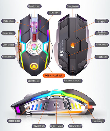 Souris de jeu sans fil couleur RVB, bouton muet, rechargeable