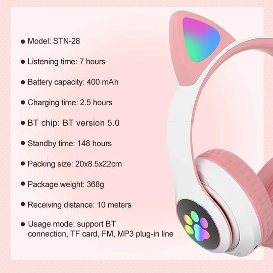 STN-28 Over Ear Music Headset Glowing Cat Ear Headphones Foldable Maroon Caeneus