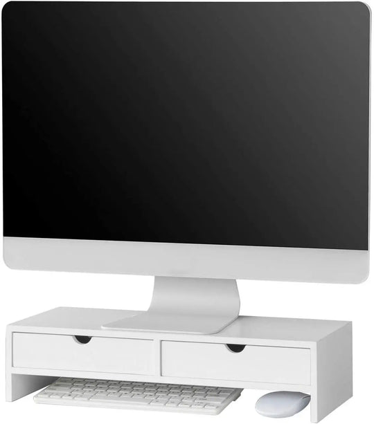 VIKUS White Monitor Stand Desk Organizer with 2 Drawers - Shakefav.com