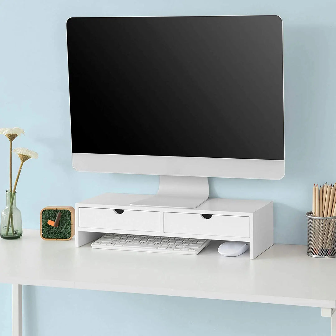 VIKUS White Monitor Stand Desk Organizer with 2 Drawers - Shakefav.com