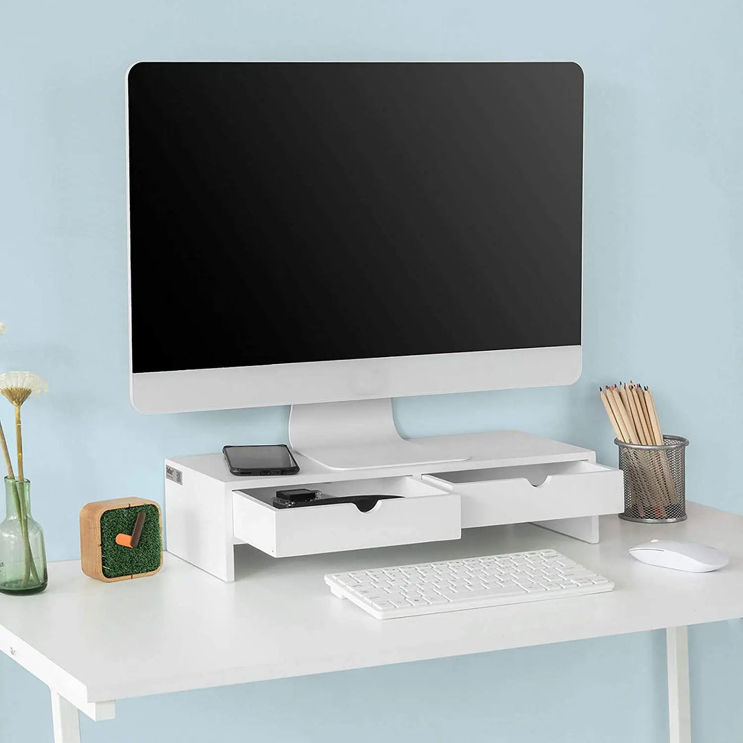 VIKUS White Monitor Stand Desk Organizer with 2 Drawers - Shakefav.com