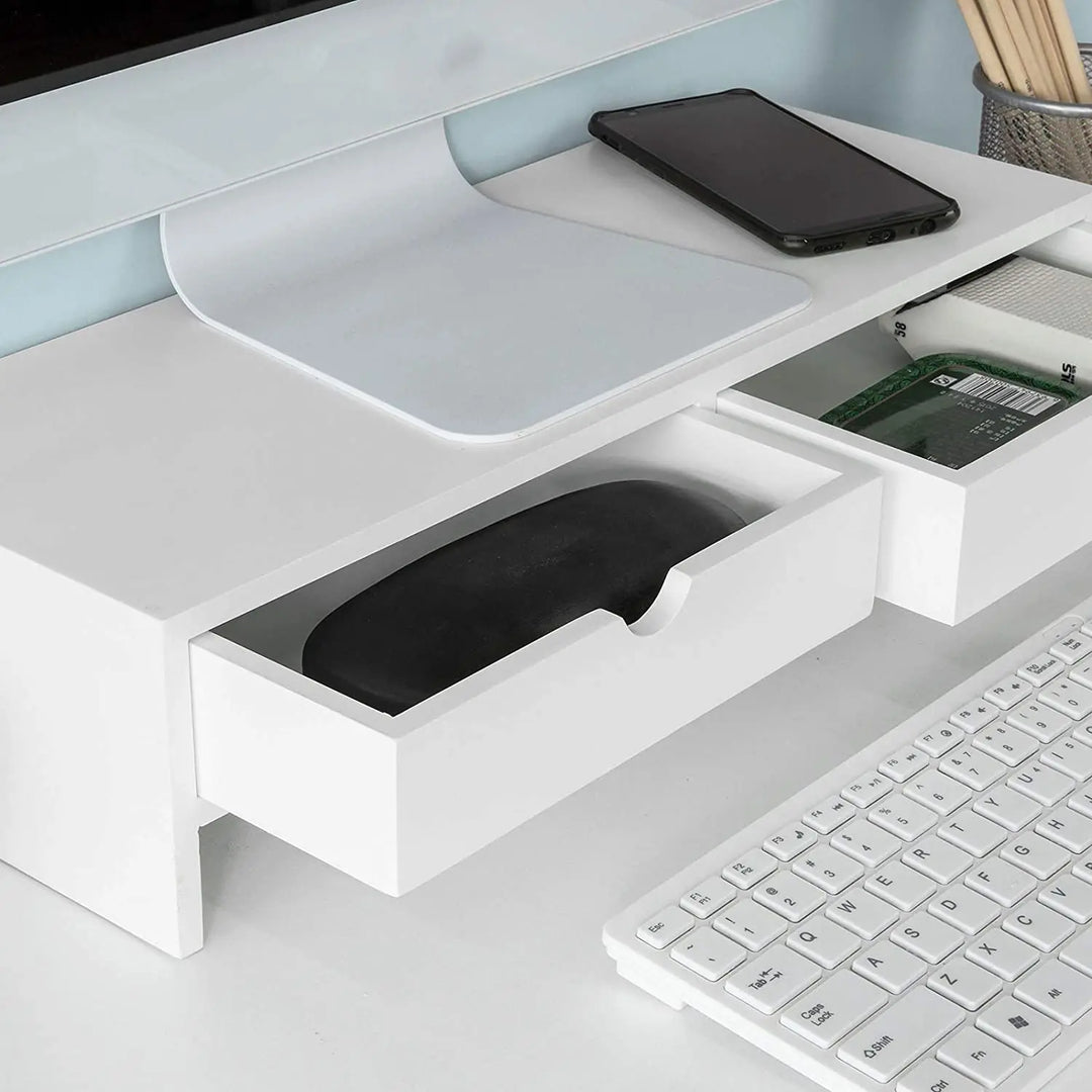 VIKUS White Monitor Stand Desk Organizer with 2 Drawers - Shakefav.com