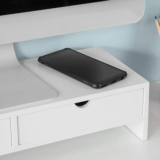 VIKUS White Monitor Stand Desk Organizer with 2 Drawers - Shakefav.com