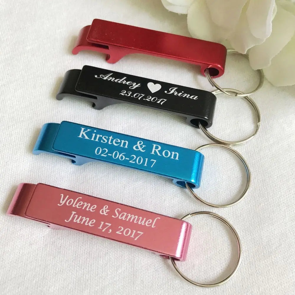 50pcs Personalized Engraved Bottle Opener Key Rings Wedding Name and - Shakefav.com