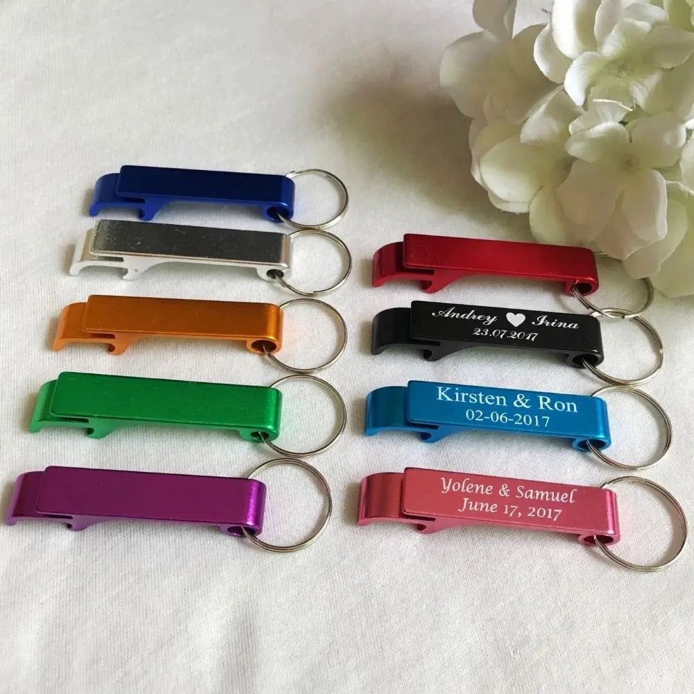 50pcs Personalized Engraved Bottle Opener Key Rings Wedding Name and - Shakefav.com