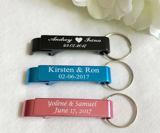 50pcs Personalized Engraved Bottle Opener Key Rings Wedding Name and - Shakefav.com