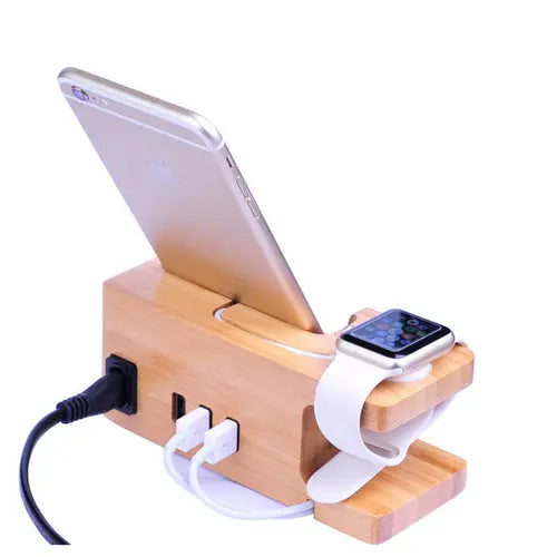 2 in 1 Bamboo Wood Charging Station Stand 3 USB for iPhone & - Shakefav.com