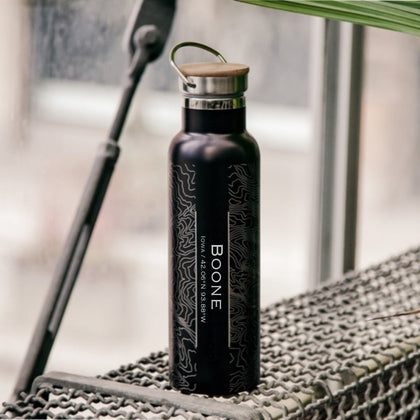 Boone - Iowa Engraved Map Bottle with Bamboo Top in Matte Black