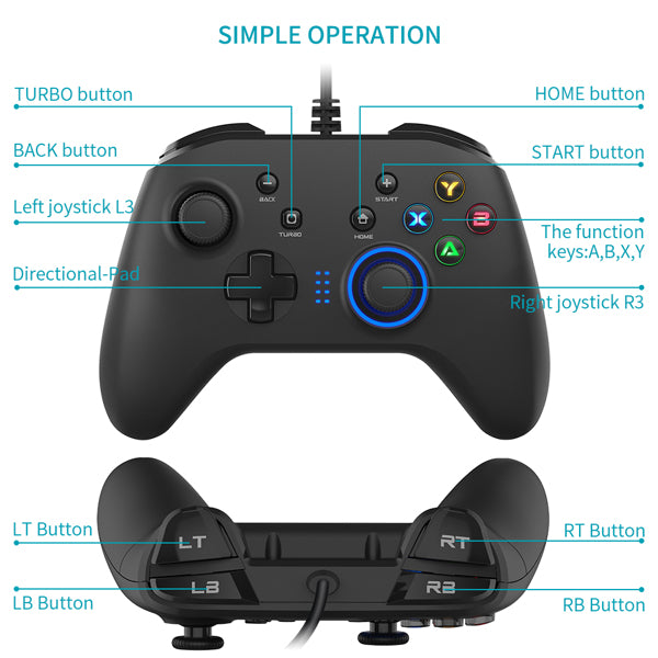 Wired Gaming Controller Joystick Gamepad with Dual-Vibration Teal Simba