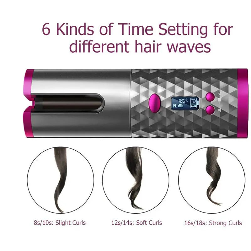 Cordless Rechargeable Auto Rotating Hair Curler With LED Display - Shakefav.com