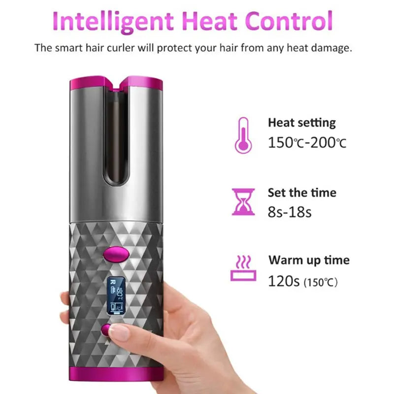 Cordless Rechargeable Auto Rotating Hair Curler With LED Display - Shakefav.com