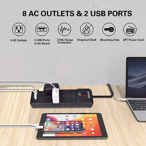 8 AC Outlets and 2 USB Charging Ports Power Strip