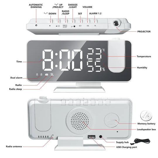 LED Digital Smart Alarm Clock Projector with FM Radio Lilac Milo