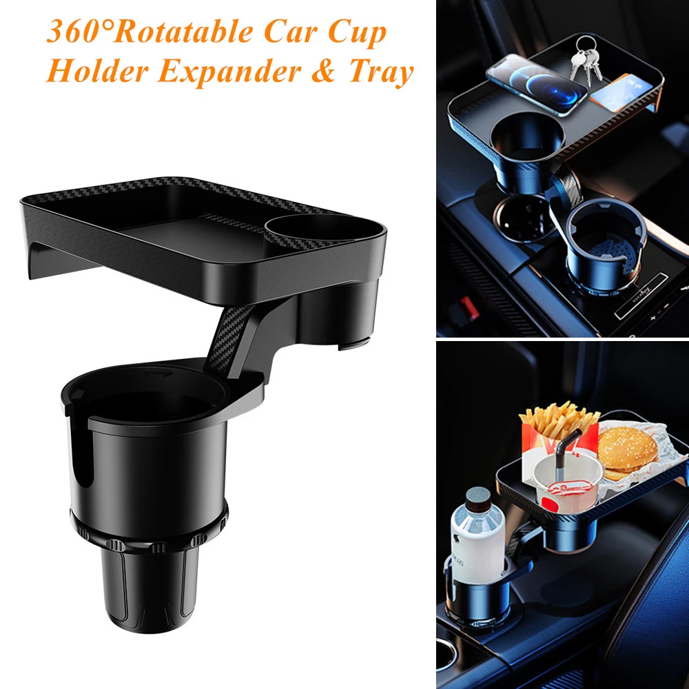 Multifunctional Car Cup Holder with Attachable Tray 360° Swivel