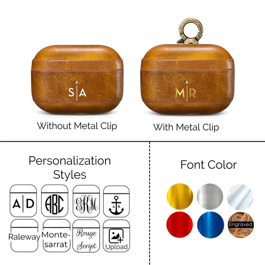 Custom AirPods Pro Waxed Cowhide Brown Leather Case Keychain Metal - Shakefav.com